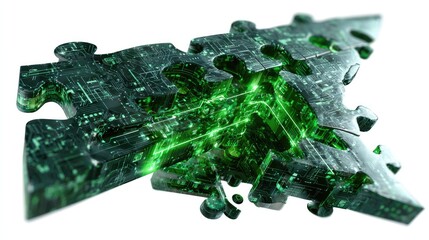 Puzzle of Green Energy: A close-up view presents an abstract puzzle piece, a symbol of interconnectedness, pulsing with vibrant green energy, symbolizing innovation.
