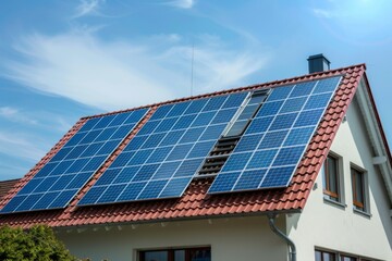 Solar panels installed on a residential roof under blue sky