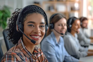 Young woman working in a call center with colleagues