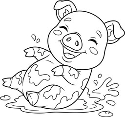 Happy Cartoon Pig Splashing in Mud Outline - Playful Farm Animal for Kids' Coloring Books