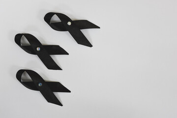 Three black ribbons with iridescent center pins on a white background.
