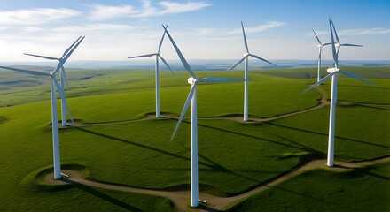 Close up rows of modern white wind turbines on green hills generate clean energy under a clear blue sky