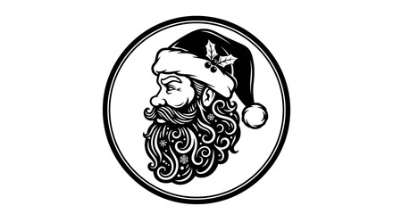 Detailed black and white illustration of Santa Claus head in profile with a curly beard and holly on his hat, enclosed in a circle.