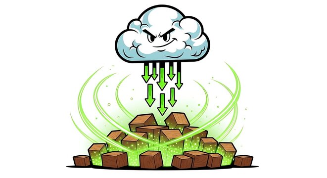Angry cartoon cloud with downwards green arrows and pile of wooden cubes