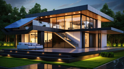 Obraz premium Modern home design with solar panels offers sustainable living for eco-conscious families wanting luxury and style, a perfect blend of nature and architecture