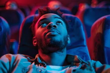 Young man looking up in a colorful cinema