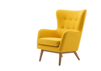 Fototapeta premium A vibrant yellow mid-century modern armchair with button tufting and angled wood legs, isolated on a transparent background with soft illumination, elegant product showcase concept