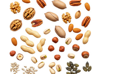 Obraz premium Artfully scattered diverse nuts and seeds (walnuts, pecans, almonds, hazelnuts, pistachios, sunflower, pumpkin) on a transparent background, concept of healthy plant-based nutrition