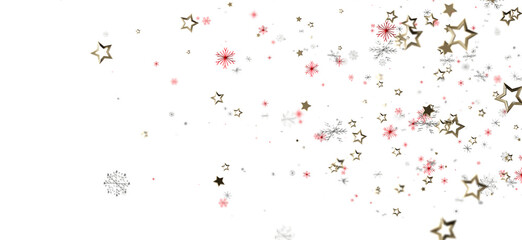Abstract illustration of floating golden stars and snowflakes on a white background. Ideal for holiday designs, winter themes, and festive promo