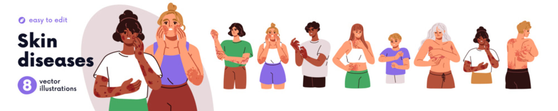 Skin diseases set. People suffer from itch, rash, eczema, allergy, inflammation, dermatitis. Characters scratch itchy red spots on body. Flat graphic vector illustration isolated on white background.