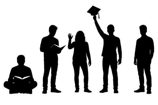 Student silhouettes learning and celebrating graduation