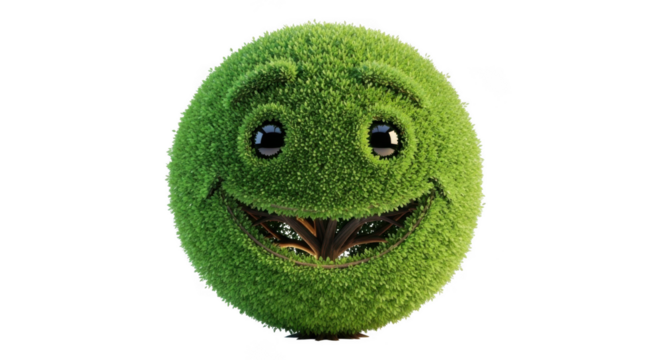 Happy green grass ball character isolated on transparent background for design