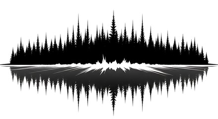 Abstract black silhouette of a dense forest with reflection isolated on white background