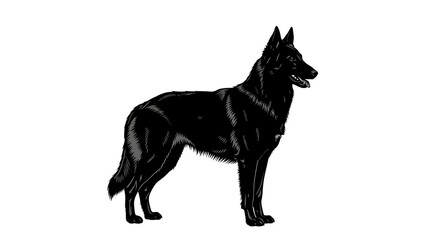 Full body silhouette of a black german shepherd dog standing alert isolated on white background