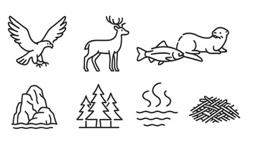 Fototapeta premium Fjord Wildlife Icons. Line style icons of Wildlife Fjord: Eagle, Deer, Salmon, Otter, Pine Forest, Rock Outcrop, Misty Water,