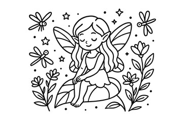 Fototapeta premium Fairy and Dragonflies. Gentle fairy sitting on a giant leaf surrounded by dragonflies, stars, and blooming plants, black and white