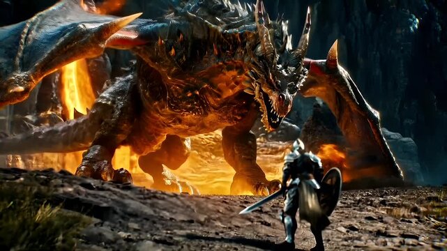 A vivid, actionpacked scene from a video game, featuring a formidable dragon roaring through a rocky terrain with a warrior in armor wielding a sword. The dragons scales are intricately detailed.