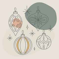 Mid century modern christmas ornaments with stars on beige background