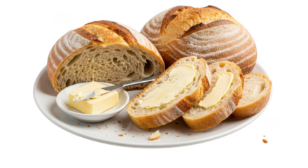 Delicious sourdough bread with butter on a plate isolated on transparent background