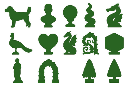 Artistic Topiary Icons. Solid style icons of artistic shaping: animal hedge, human bust topiary, abstract sphere, twisting spiral,