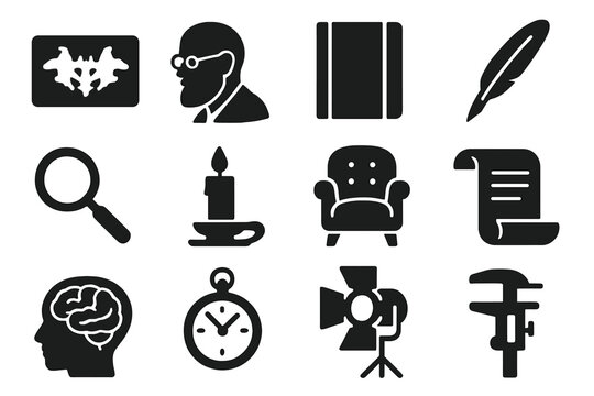 Vintage Psychology Tools. Solid style icons of Vintage psychology tools: inkblot card, Freud silhouette, journal notebook, quill