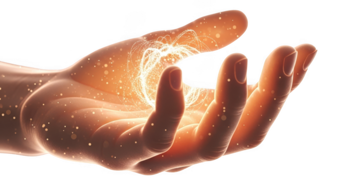 Hand holding glowing light isolated on transparent background, concept of power - Powered by Adobe