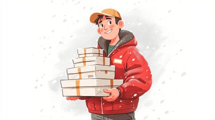 Smiling delivery worker in red jacket carries gift boxes in snow, symbolizing fast delivery, ecommerce, and holiday logistics. Winter courier image with parcels, shipping, retail service and Christmas