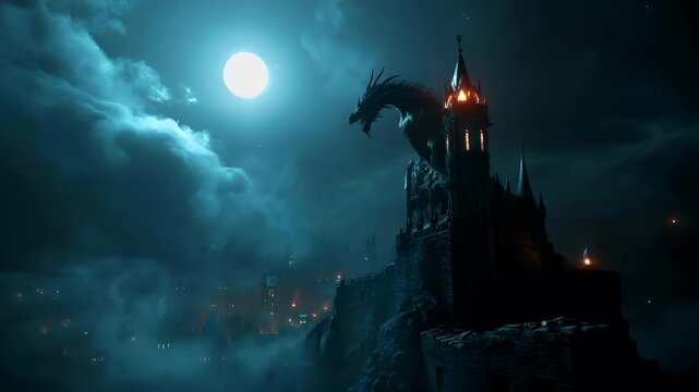 A dark, atmospheric fantasy scene featuring a castle with a dragon perched atop. The castle is illuminated by the moonlight, casting a soft glow on its stone walls and turrets.