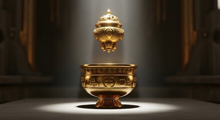 Ornate golden bowl with levitating golden censer floating in dramatic spotlight ritualistic offering vessel luxury concept 3D render background ancient temple setting
