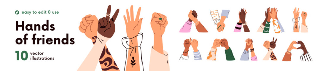Friend hands together set. Friendship, love relationship concept. Giving high five, fist bump, peace sign, greeting, touching, supporting. Flat graphic vector illustration isolated on white background