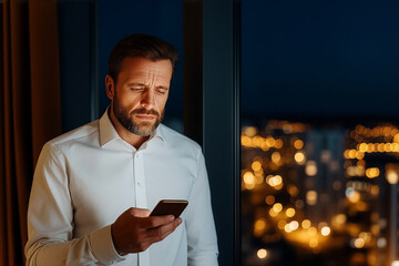 Man standing by window at night looking at smartphone with city lights in background