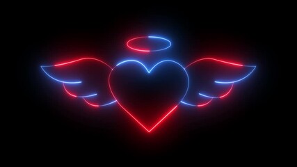 glowing neon wings heart icon animation on black background. Luminous wings heart icon animation. Concept of unrequited love wings icon sign. neon Heart Love sign with flying wings icon.