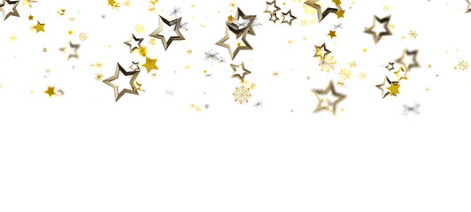 Festive image of shimmering golden stars and snowflakes on a clean white background, perfect for holiday and celebration themes. Ideal for addin