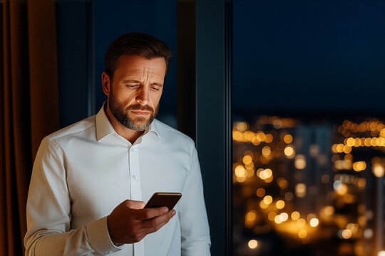 Man standing by window at night looking at smartphone with city lights in background - Powered by Adobe