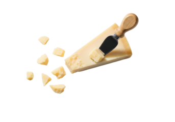 Pristine pale yellow parmesan cheese wedge, crumbly texture, natural wood handle knife, scattered shards on stark white background, soft studio light, high-key gourmet food appeal