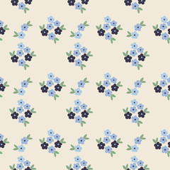 Ditsy floral pattern seamless. Floral pattern with small blue flower bouquets on cream background. Cute hand-drawn vector design for fabric, wrapping paper, wallpaper, and spring summer projects.