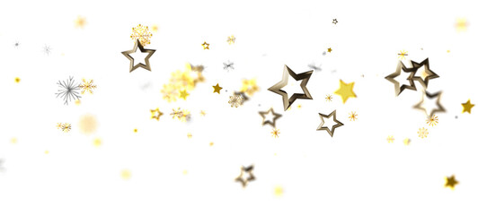 Elegant gold stars and snowflakes creating a festive sparkle effect against a clean white backdrop perfect for holiday designs and celebrations.
