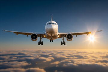 Airplane flying above clouds during golden sunset with clear blue sky background