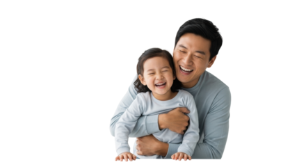 Adult parent, 30-45, unspecific ethnicity, in pastel, lovingly embraces joyful child, 4-7, both laughing in a bright white studio, pure familial love concept