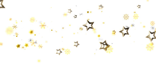 Abstract festive background with shimmering golden stars and snowflakes floating on a white backdrop, perfect for holiday designs and celebrator