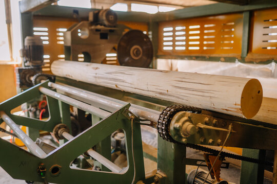 Industrial woodworking machinery with a large wooden log positioned for processing, showcasing the intricate mechanics and craftsmanship involved in timber production