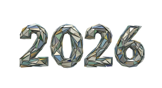 Geometric abstract numbers 2026 with faceted reflective texture isolated on transparent background