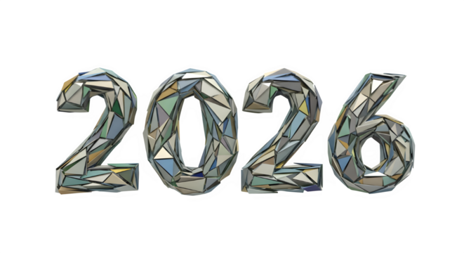 Geometric abstract numbers 2026 with faceted reflective texture isolated on transparent background