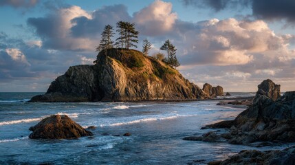 Trinidad California: Sea and Sunset at Pewtole Island Beach with Grandmother Rock in Coastal Landscape