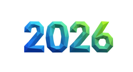 Polygonal 3d numbers 2026 with a vibrant blue to green gradient isolated on transparent background