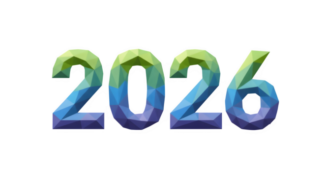 Colorful geometric polygon 3d numbers 2026 isolated on transparent background
