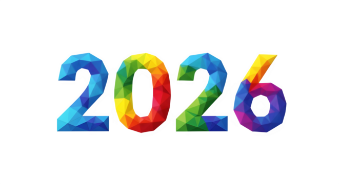 Colorful abstract geometric numbers 2026 representing the new year isolated on transparent background