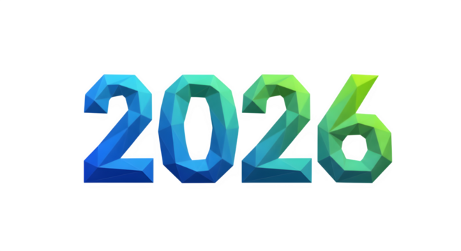 Polygonal 3d numbers 2026 with a vibrant blue to green gradient isolated on transparent background
