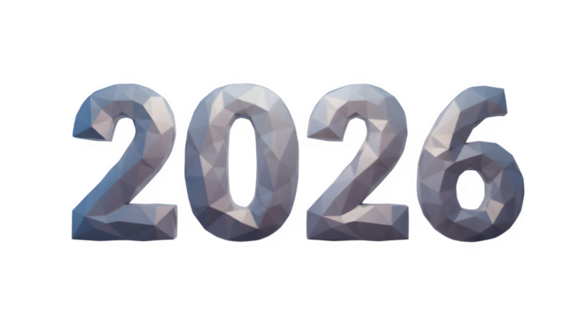 Metallic 3d rendered numbers 2026 in a cool tone isolated on transparent background