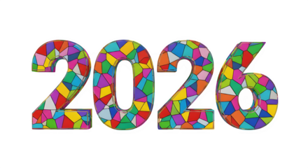 Colorful mosaic pattern numbers 2026 isolated on transparent background
